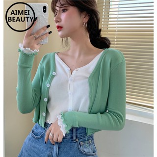 AimeiBeauty fake two-piece inner-breasted knitted cardigan croptop T-shirt