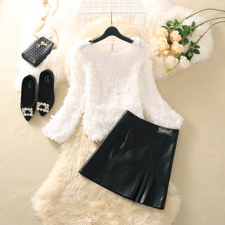 ☌☃♗[ready stock] 2020 autumn new style reduced age Thinning suit women s furry long-sleeved blouse, high waist and thin A-line skirt two-piece set