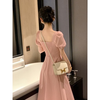 French Pink Dress Square Neck Puff Sleeve Temperament Waist