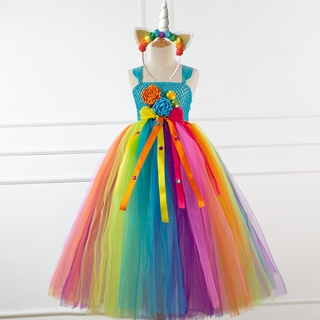 Girls Unicorn Tutu Dress Rainbow Princess Kids Party Dress Children Christmas Halloween Cosplay Costume With Headband