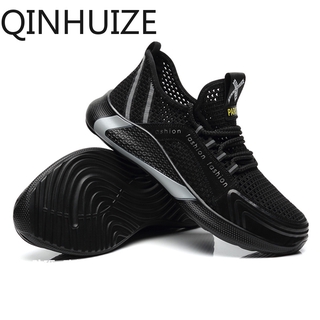QINHUIZE Safety shoes men's anti-smashing anti-puncture steel toe cap safety shoes men's flying woven breathable safety boots wear-resistant work shoes