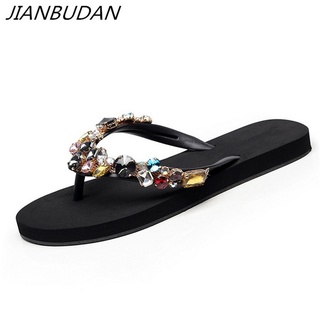JIANBUDAN/ Women's flat comfortable beach shoes Non-slip soft bottom Casual flip flops Rhinestone de