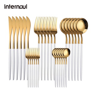 INTERNAUL White Gold Stainless Steel Dinnerware Set 30Pieces Cutlery Set Knives Forks Coffee Spoons Flatware Suit Kitchen Home Tableware