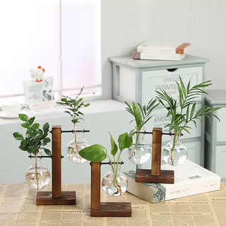 ❄SC❄ Table Desk Bulb Glass Hydroponic Vase Flower Plant Pot with Wooden Tray Office Decor (1)
