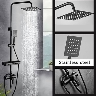 Shower Head Bathroom Shower Mixer Tap Black Rainfall Shower Faucet Set Bathtub Faucet with Storage