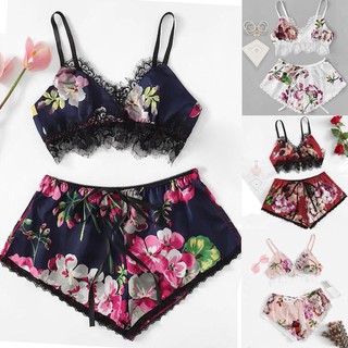 ♐warren ♐Fashion Sexy Lace Satin Trim Floral Bow Lingerie Set Pajamas Babydoll Sleepwear (1)