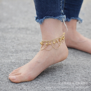 [HOT] European and American hot new beach anklet anklet bells grid tassel pendant chain tassel anklets
