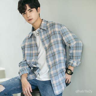 【New store discount】Autumn long-sleeved plaid shirt men s Korean version of loose clothes students t