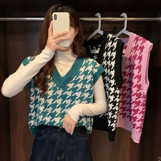 Women'S Loose Sleeveless Outer Plaid Sweater Jacket