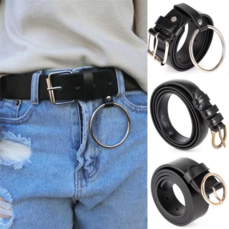 Metal Ring Buckle Black Leather Fashion Belt