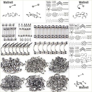 Wallrell 85pcs Tongue Eyebrow Lip Belly Navel Ring Stainless Steel Piercing Body Jewelry