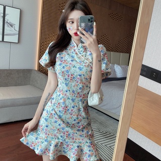 French First Love Hepburn Style Salty Sweet Floral Dress Waist-Tight Slimming Cheongsam Improved Dress White Temperament