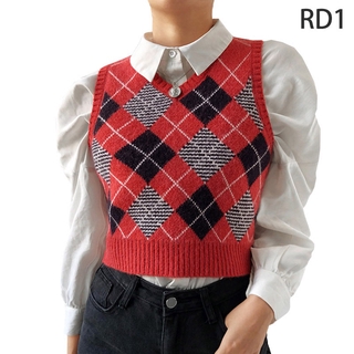Vintage Argyle Sweater Vest Women Black Sleeveless Plaid Knitted Sweaters (5)