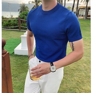 2021 Fashion Male High quality in summer Ice silk t-shirts/Men's slim Pure color Round collar Leisure short sleeve T-shirt