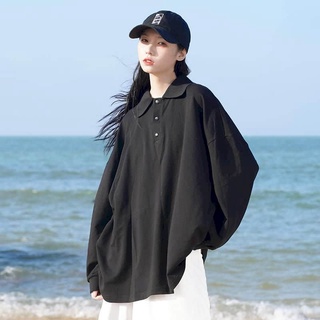 Long-sleeved POLO Shirt Korean thin sweatshirtwomen's mid-length solid color Harajuku style loose