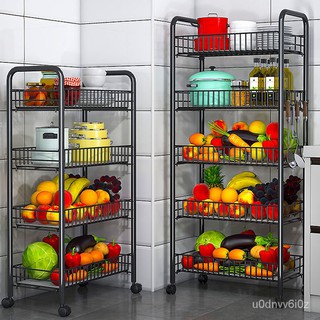 Kitchen Tableware Storage Floor Storage Rack with Pulley Movable Household Bathroom Fruit and Vegeta