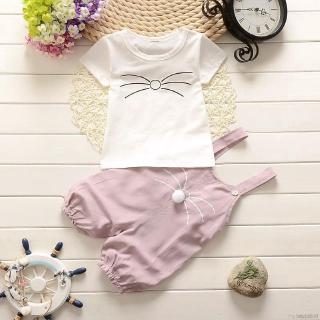 MyBaby Girls Summer Korean Style Outfits Set Cute Cotton Short Bib Pants+ Short Sleeve T-Shirt