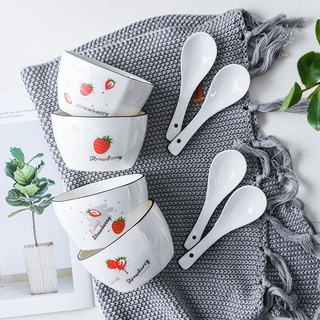 Household Bowl set ceramic tableware combination cute cartoon Japanese style Bowl creative trending eating rice bowl soup bowl with spoon