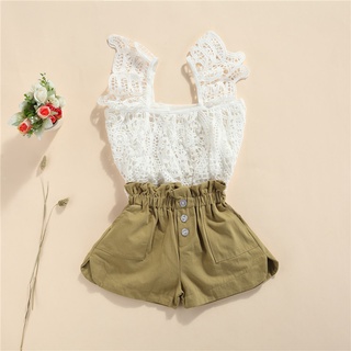 【Forever CY Baby】Kid Girls Clothes Set Floral Hollow Out Sleeveless Square Collar Tops + Solid Color