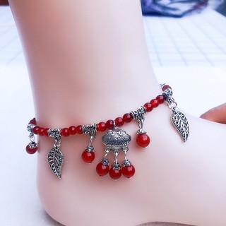 ◇Zodiac year natural red agate anklet women s Tibetan silver red rope anklet bell anklet access safe