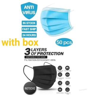 Black 50 pcs Disposable Face Masks with Box 3 ply