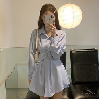 Lake Blue Shirt Dress for Women Waist-TightPOLOCollar Long Sleeve Shirt Two-Piece Set (1)