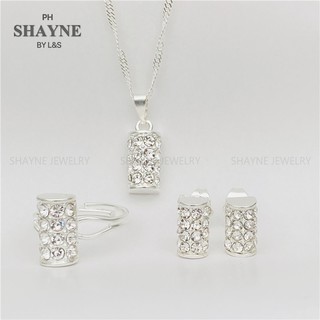 925 Silver 3in1 Zircon Pendant Necklace Stud Earrings Adjustable Ring set for Women set-69