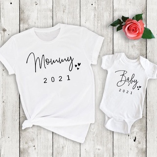 Mommy Baby 2021 Print Family Matching Clothes Family Look Summer White Tshirts Baby Bodysuit Romper Mother Tshirt Cloth Outfits