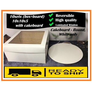 10 Sets 10x10x5 Cake Box with Cake Boards | With Window | Reversible | High Quality