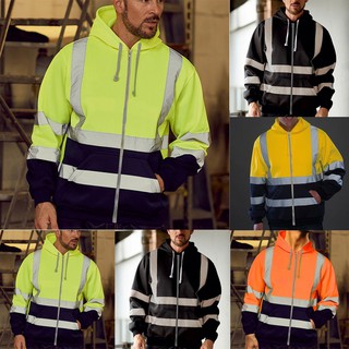 Mens Road Work High VisibilityPullover Long Sleeve Hooded Sweatshirt Tops Blouse