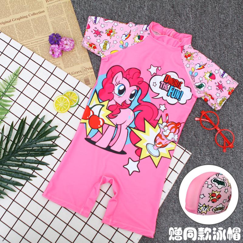 【Special offer】Kids Girls Cartoon Little Pony Monikini Swimwear Bodysuit Swimsuit With Hat