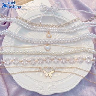 Korean Ins Style Pearl Necklace Elegant French Retro Heart Butterfly Clavicle Chain Women Jewelry Accessories Gift