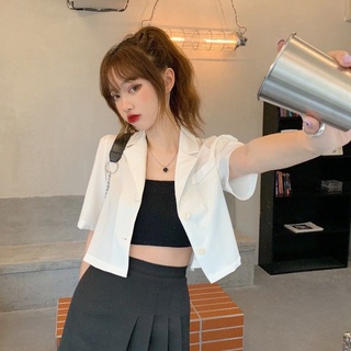 korean cardigan crop top for women Fashion shirts high-waist short-sleeved blazer blouse