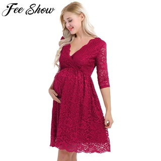 Womens Maternity Elegant Floral Lace Overlay V Neck Half Sleeve Knee Length Pregnant Photography
