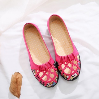 ♗♨#Quick Hair Old Beijing Cloth Shoes Women's Shoes Spring and Summer Hollow Women's Flat Women's Sh