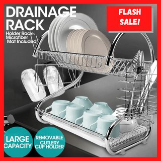 2 Layer Tier Stainless Steel Dish Drainer Cutlery Holder Rack Drip Tray Kitchen Tool