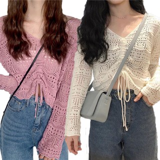 [weabbyph] Fashion Korea V Neck Long Sleeve Women Blouse chic ins Sweater Crop Tops Adjustable Drawstring