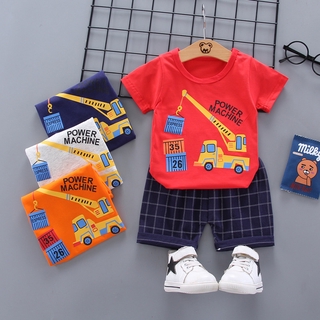 0-4 years old boy suit new boy cotton baby cartoon clothing crew neck excavator short sleeve shorts two-piece set
