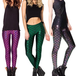 Women Printed Mermaid Fish Scale Legging Pant Trouser Stretchy Tight Casual Fit