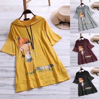 kooobes♬Women Casual Cartoon Print Hooded Short Sleeve Plus Size Top T-Shirt Blouse (1)