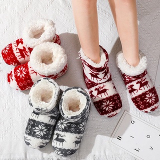 New Indoor Christmas Fawn Print Anti-skid Boots / Xmas Elk Pattern Coral Fleece Cartoon Printing Home Furnishing Thick-soled Cotton Shoes / Winter Warmth Thickening Plus Fleece Floor Socks / Winter Non-slip Warm Cotton Fur Couple Christmas Shoes (1)