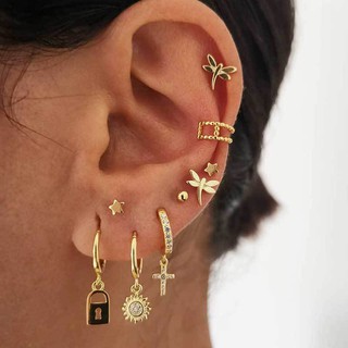 9Pcs Star Cross Sun Stud Earrings Ear Clip Ear Hoop Combination Earring Set Jewelry