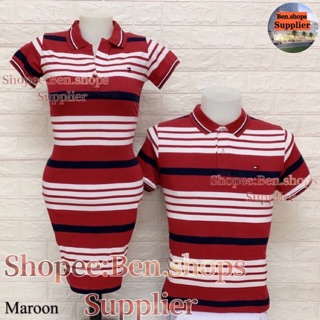 Maroon couple Polo shirt Stretch Pure Cotton stripes style