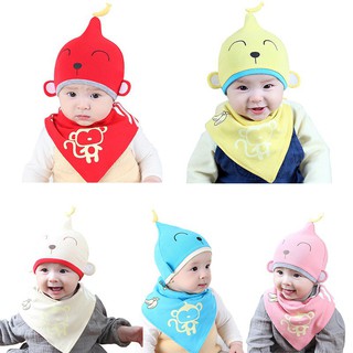 Baby Boys Girls Sleep Hat Cap+Bibs Towel Triangle Head Scarf Set (1)
