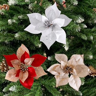 21*18cm Large Christmas Artifical Flowers Glitter Poinsettia for Xmas Tree Ornaments Fake Flower Decoration
