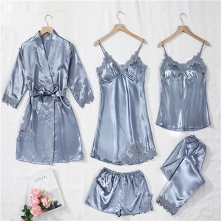 Woman Silk Satin Pajamas Set 5 PCS Summer Night Wear Female Roomwear Lace Sleepwear