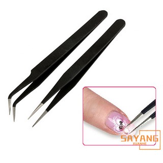 2Pcs Antistatic Electroplating Nonmagnetic Stainless Steel Curved Straight Eyebrow Tweezers