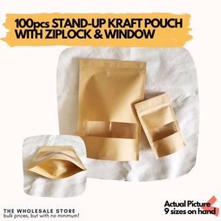 100 pcs Stand Up Brown Kraft Paper Pouch with Window Resealable Ziplock Zip Lock (Food-grade)