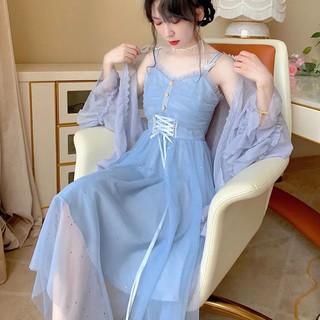 Summer French Style Fairy Butterfly Lace-up Waist-Controlled Sling Mid-Length Shiny Mesh Fairy Dress (7)