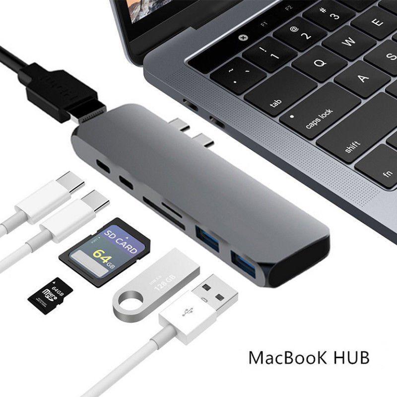 Dual USB C 7 In 1 USB 3.0 TYPE-C HUB HDMI RJ45 Adapter For MacBook Pro